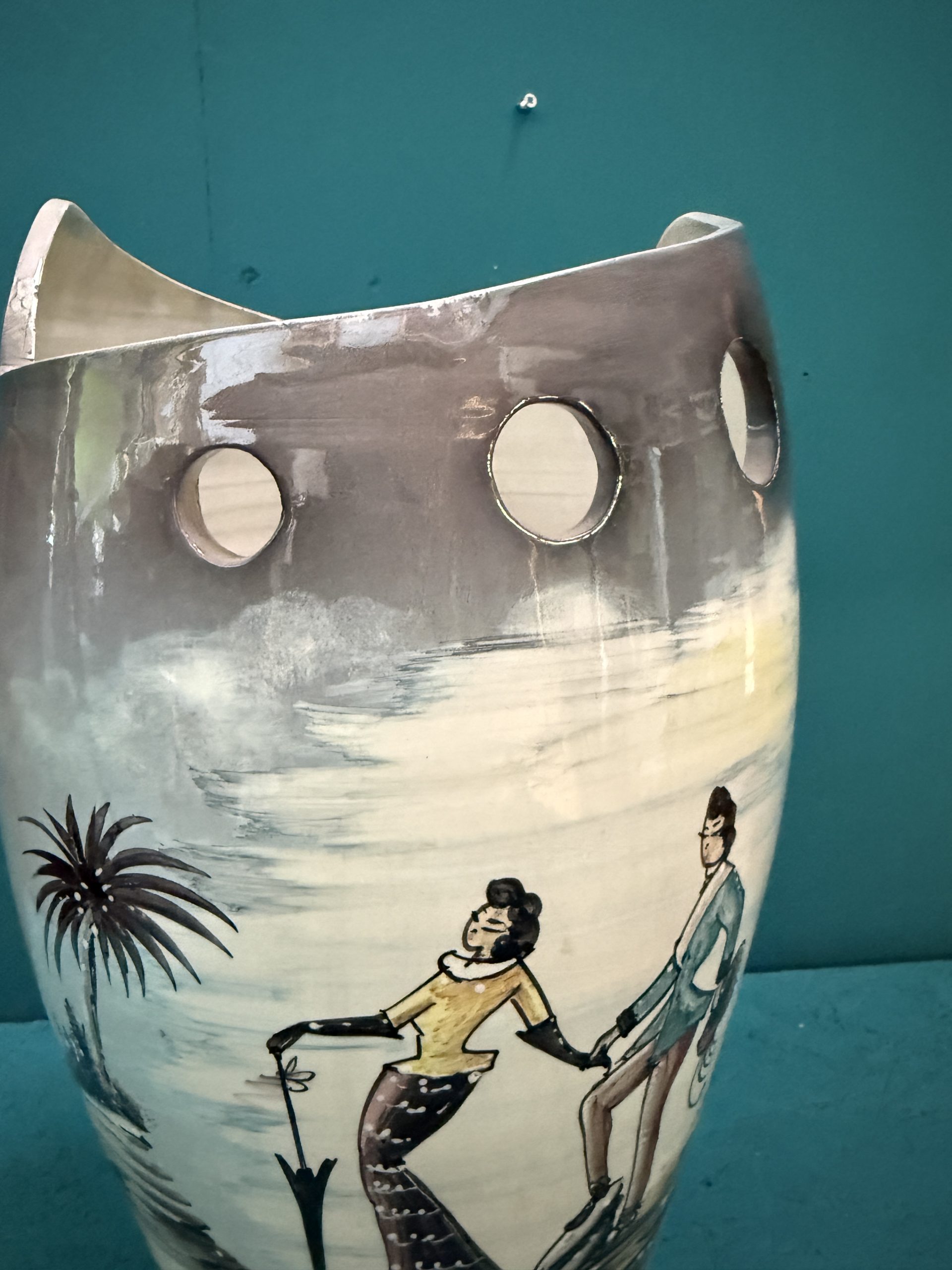 Vaso in ceramica portaombrelli dipinto, anni 50 mid century 49x24cm - immagine 6