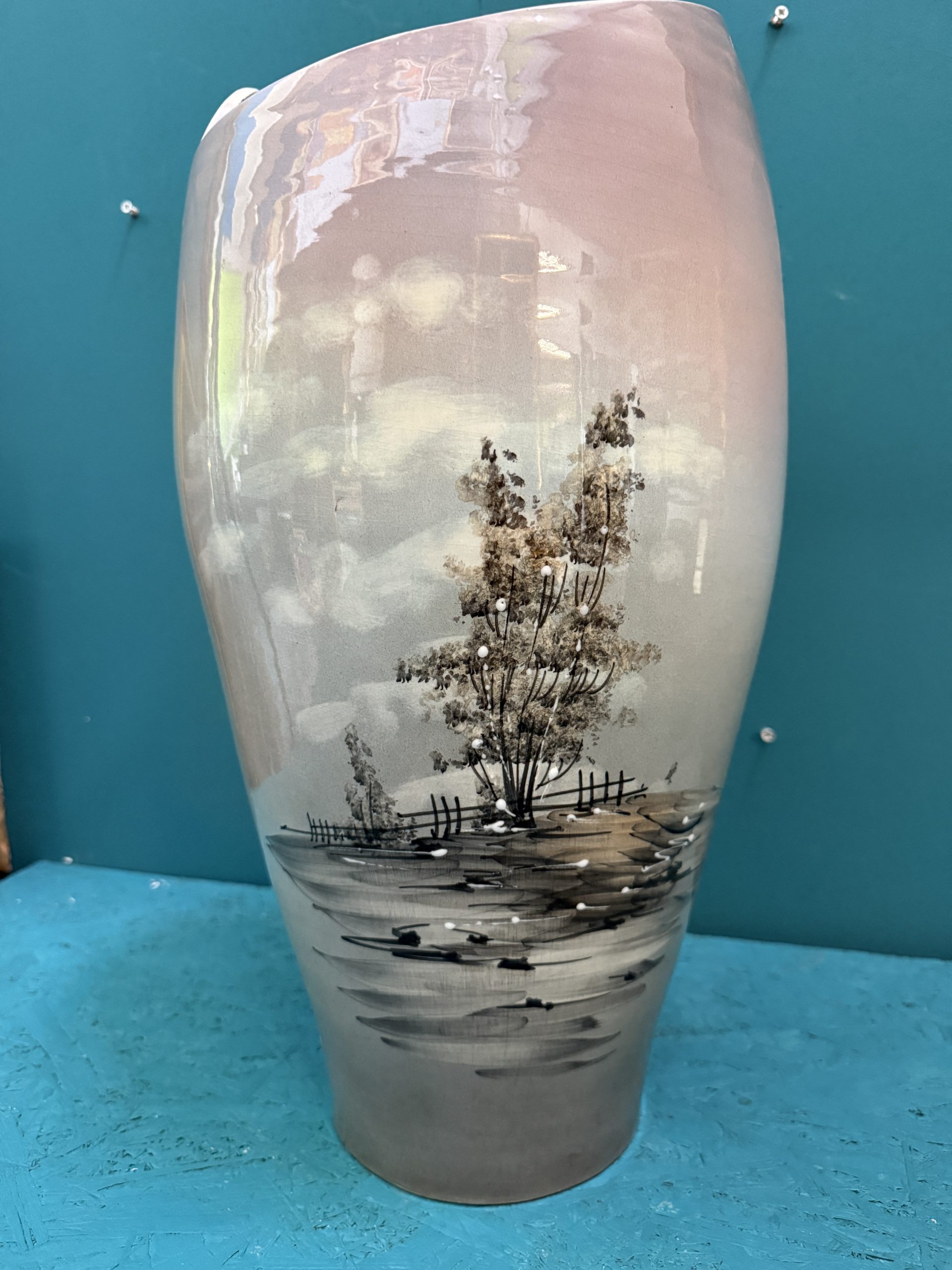 Vaso in ceramica portaombrelli dipinto, anni 50 mid century 49x24cm - immagine 9