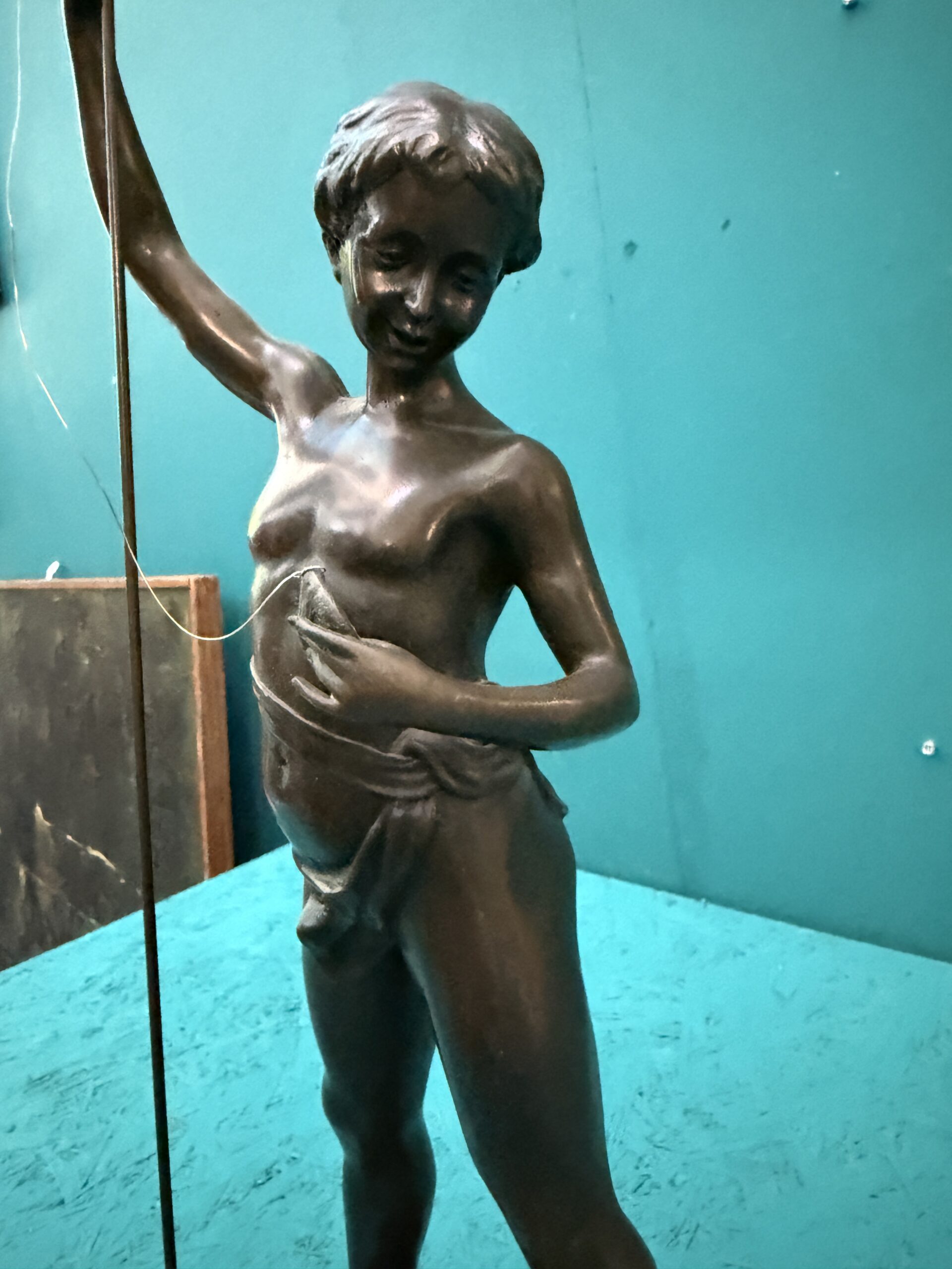 Auguste Moreau, Pescatore, antica scultura in bronzo con base in marmo, XIX sec, 55x20cm - immagine 4