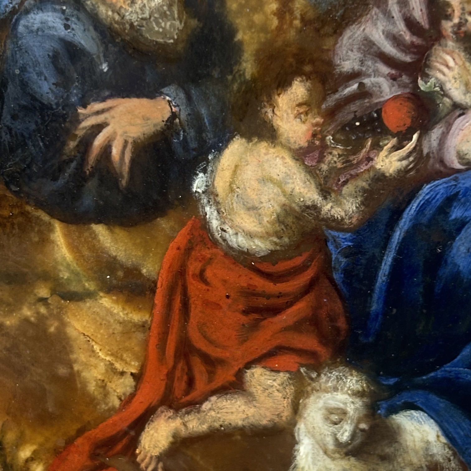 Antico dipinto ottogonale olio su Onice XVII sec . Sacra famiglia con S. Giovanino .Mis 33 x cm 28 - immagine 5