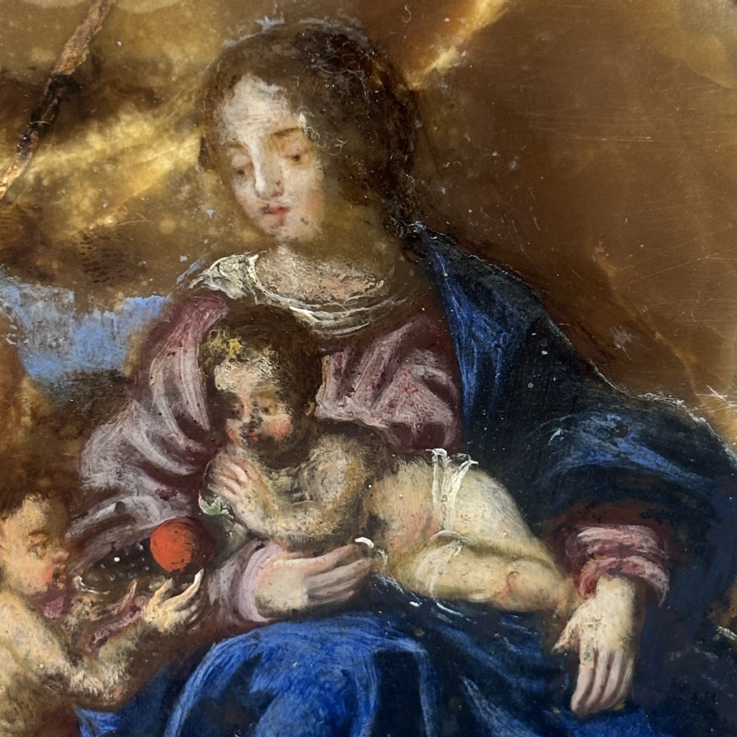 Antico dipinto ottogonale olio su Onice XVII sec . Sacra famiglia con S. Giovanino .Mis 33 x cm 28 - immagine 6