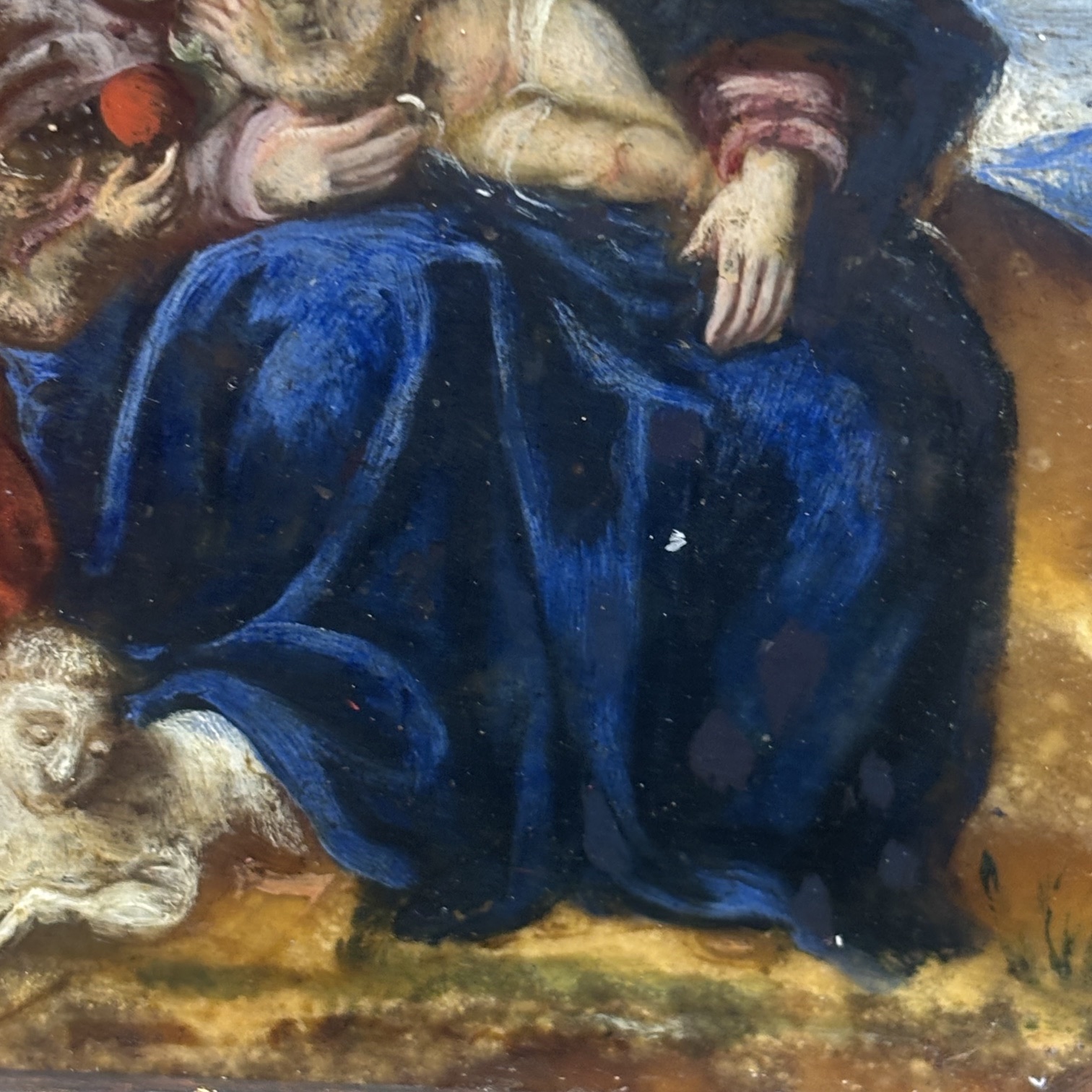 Antico dipinto ottogonale olio su Onice XVII sec . Sacra famiglia con S. Giovanino .Mis 33 x cm 28 - immagine 7