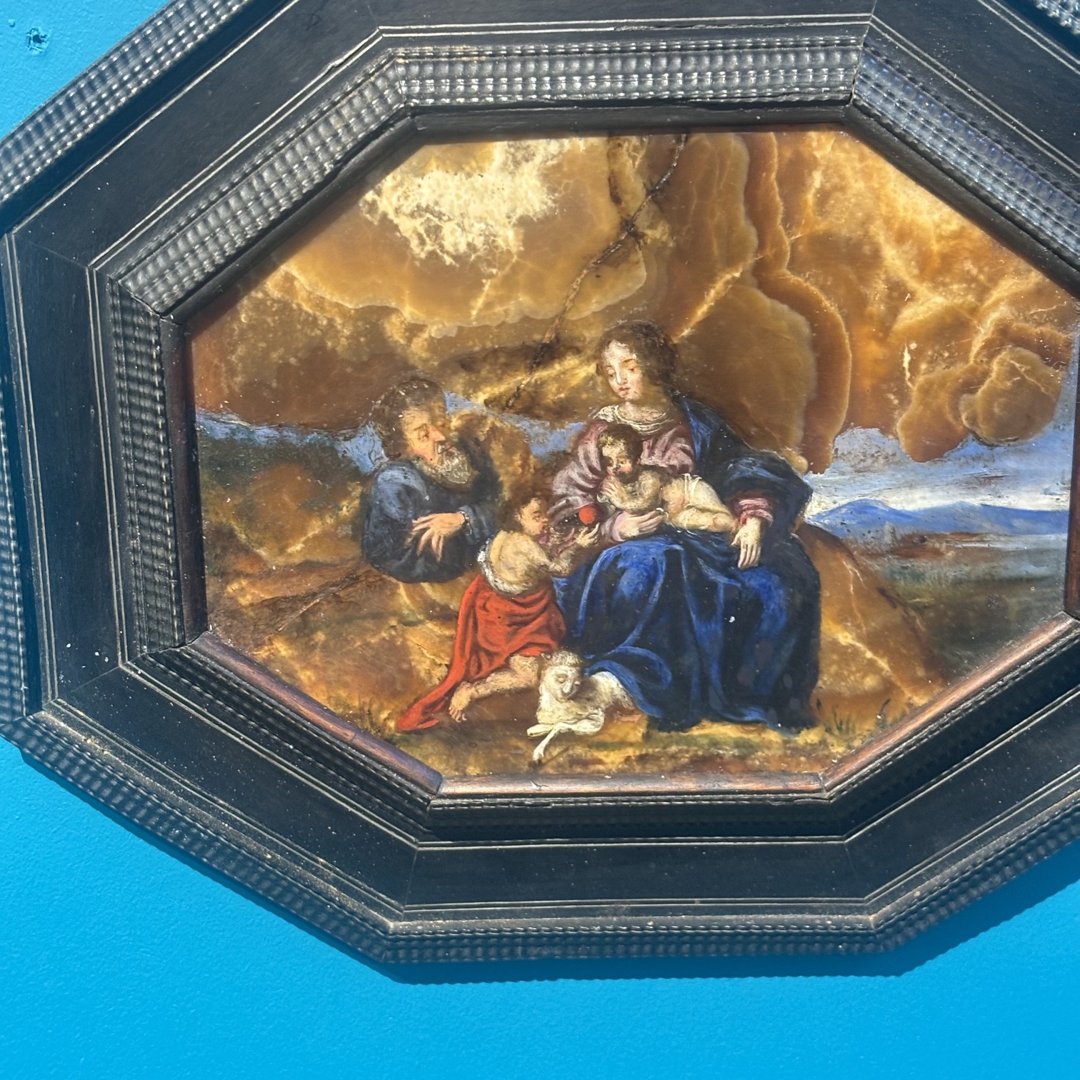 Antico dipinto ottogonale olio su Onice XVII sec . Sacra famiglia con S. Giovanino .Mis 33 x cm 28 - immagine 9