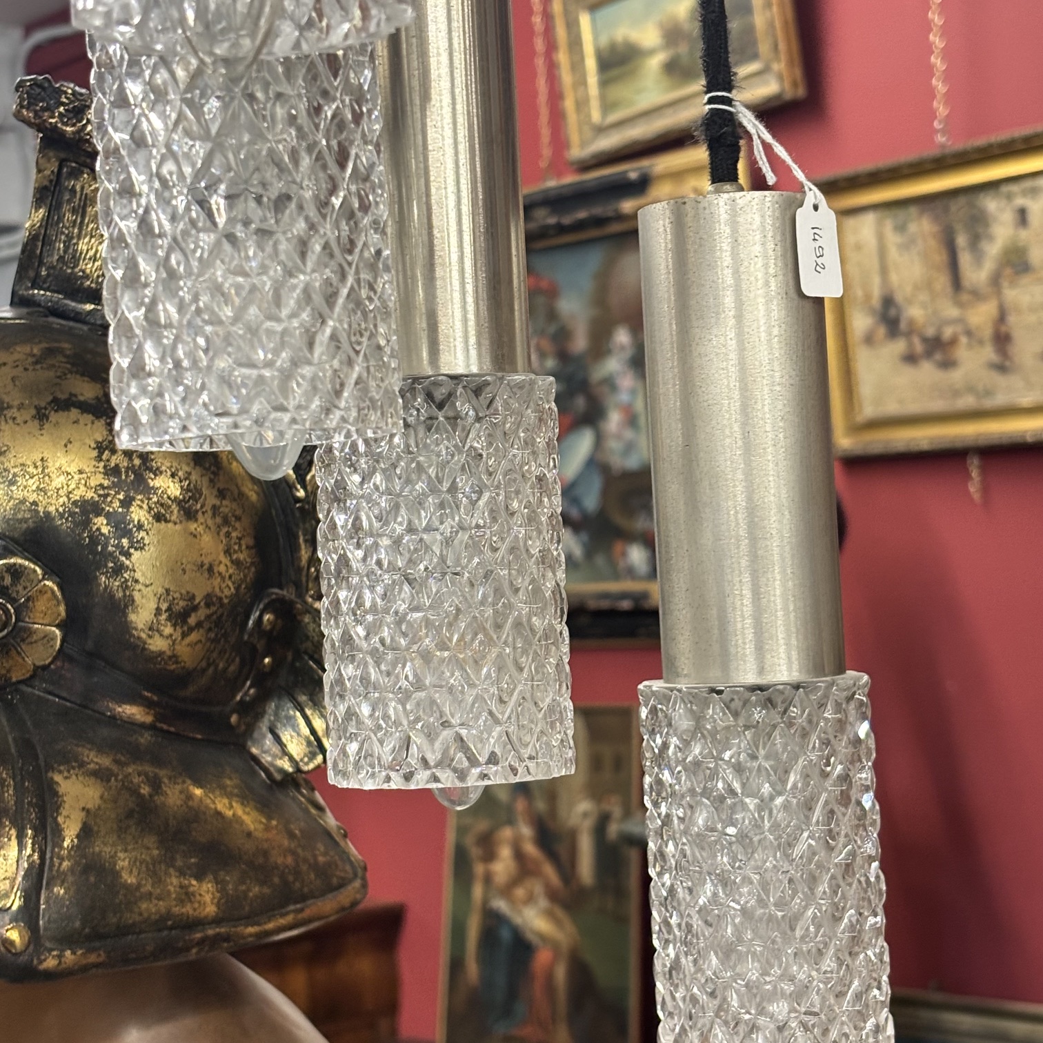 Lampadario Chandelier anni 70 a 10 Luci ondulato metallo e bicchieri vetro. - immagine 4