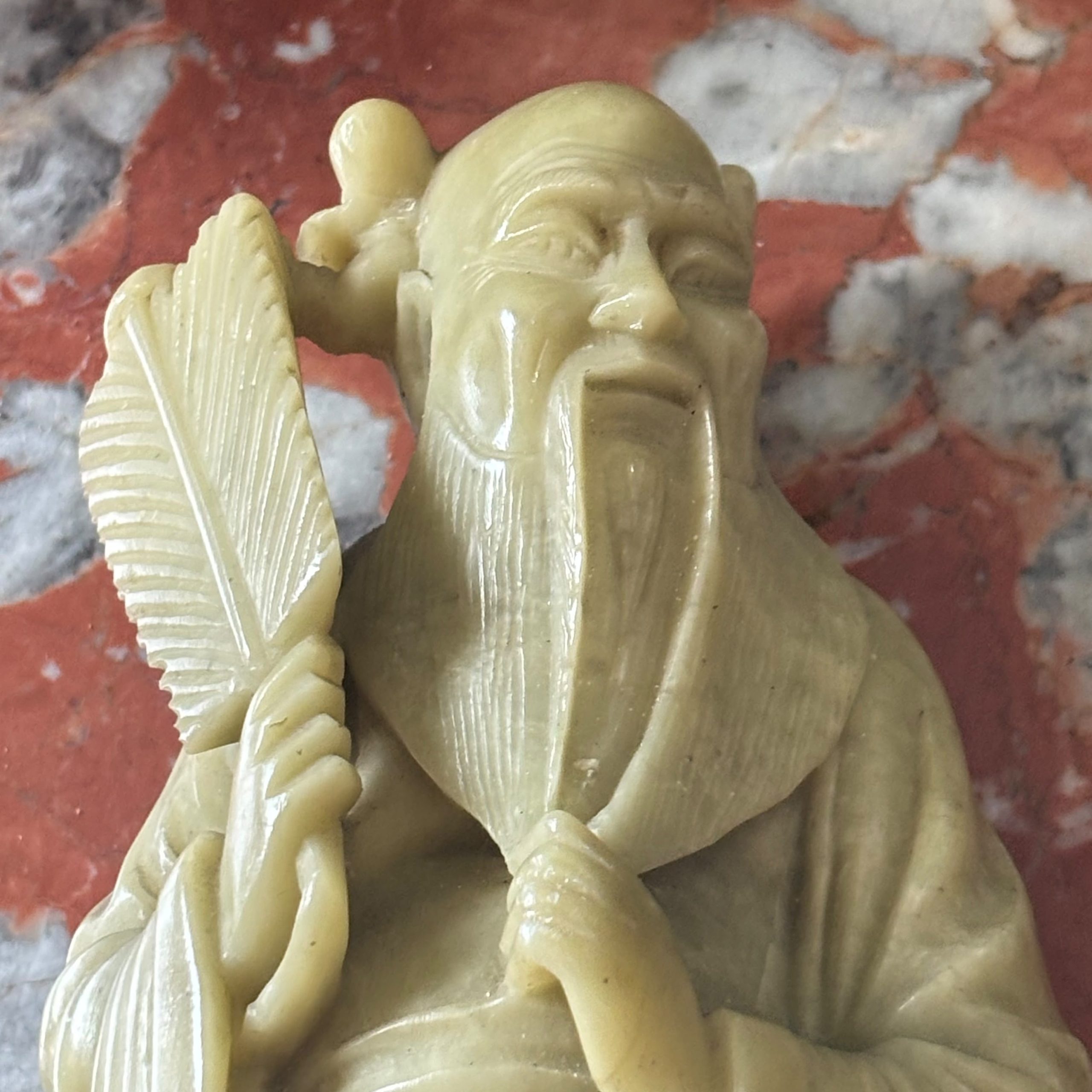 Vecchia scultura cinese in pietra saponaria raffigurante Shou Lao 26x12cm - immagine 9