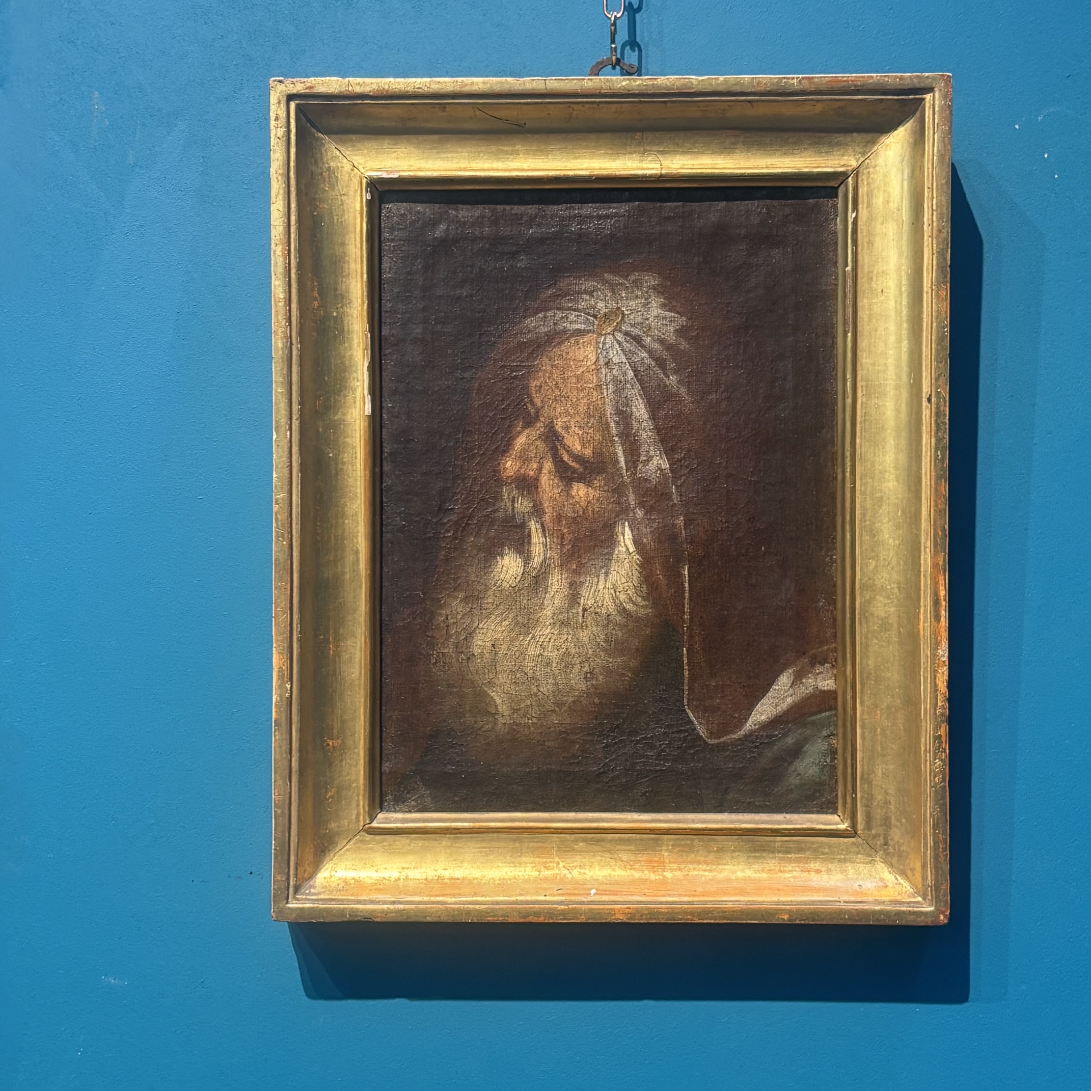 Antico dipinto con Volto di Saggio  scuola Veneta XVIII sec. Cornice dorata. Mis 38 x 38