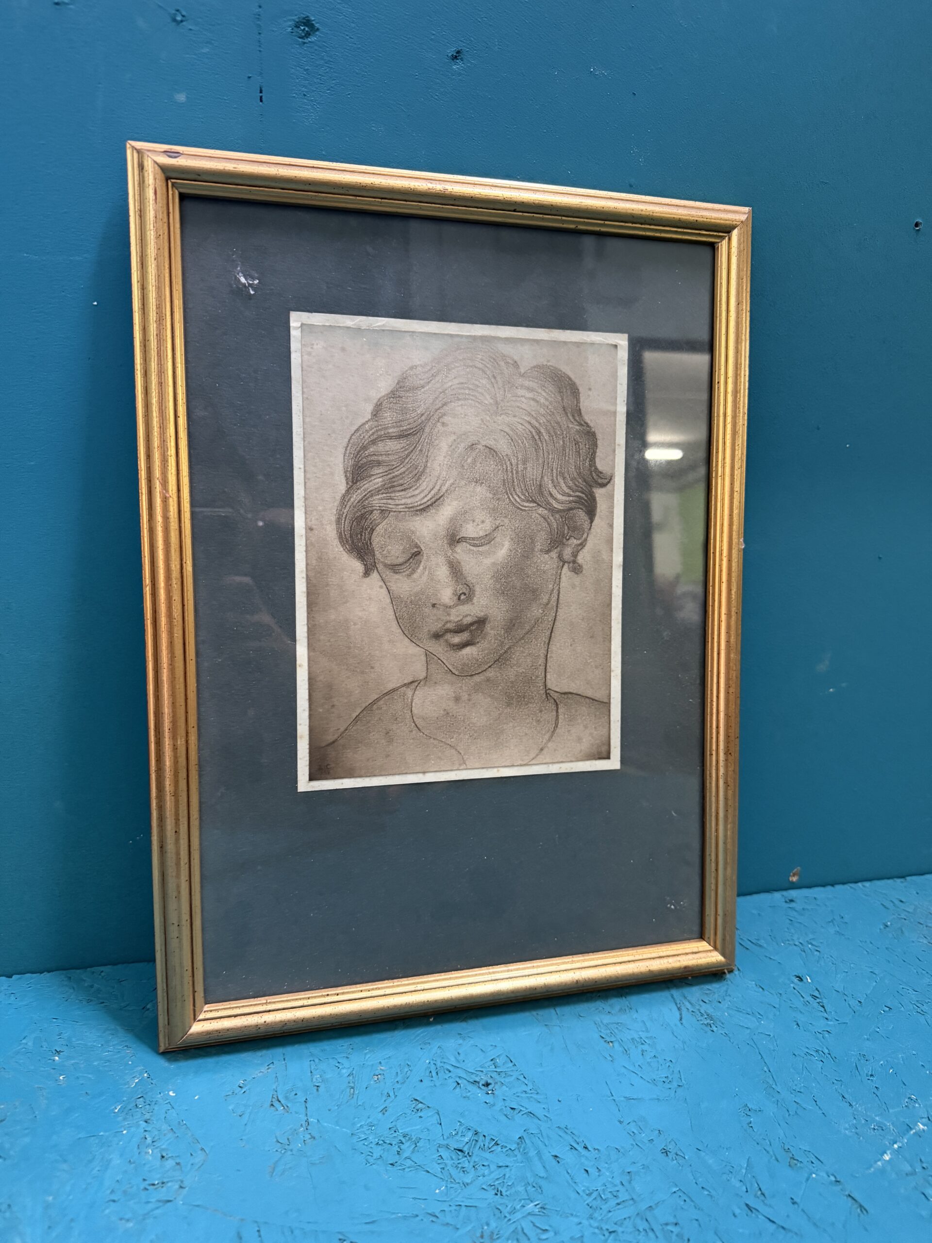 Antico disegno volto di fanciullo 1827, firmato E.C. 23x17cm