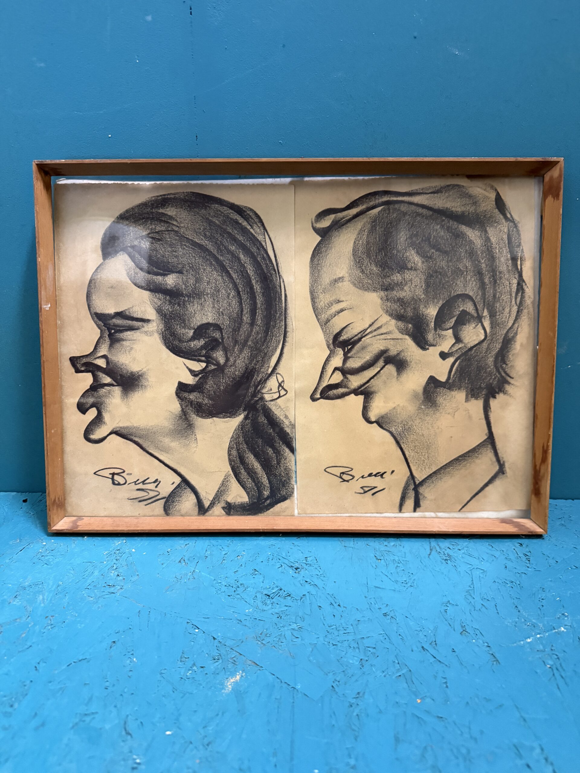 Antichi disegni uomo e donna di caricature firmati 1911, 45x33cm