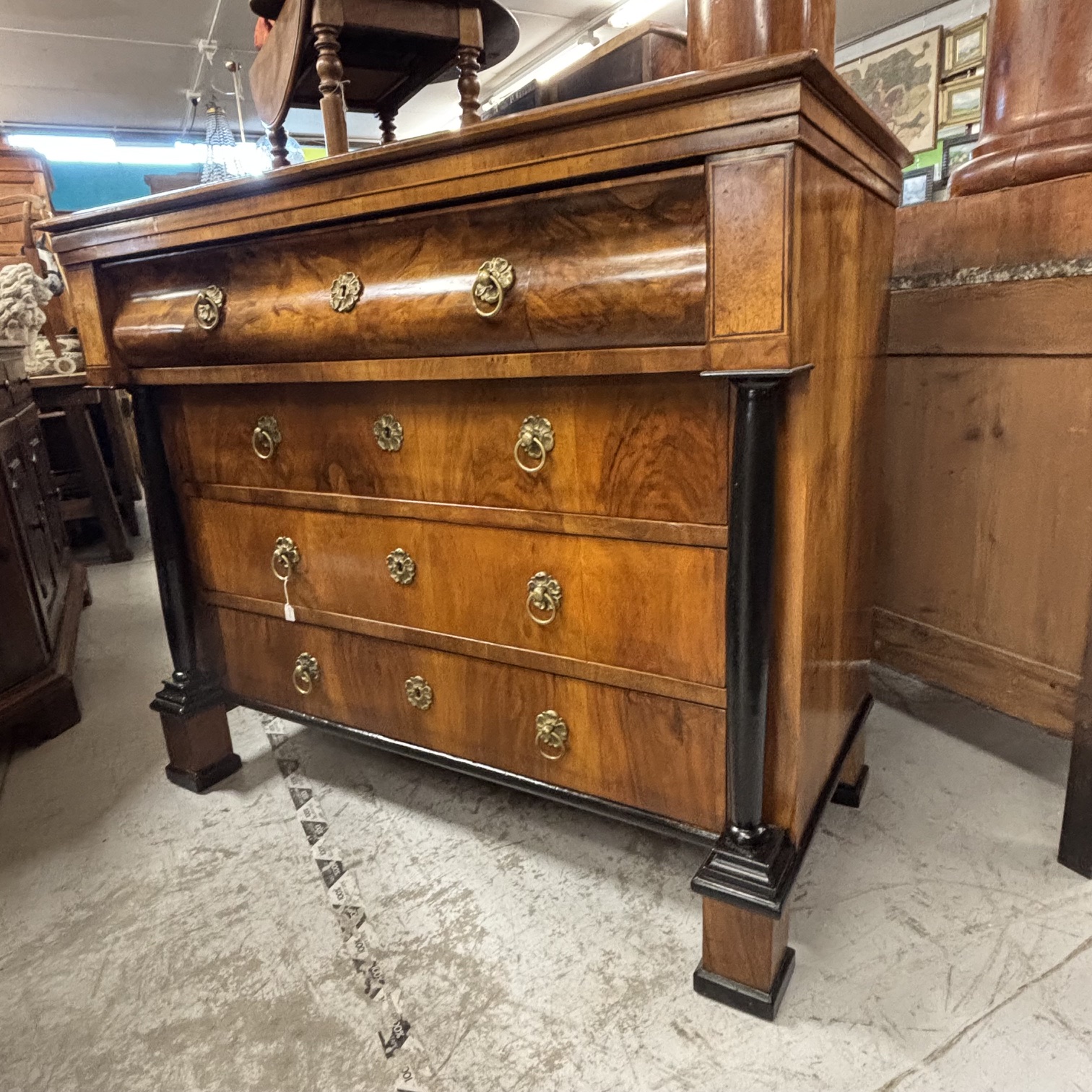 Antico Cassettone Biedermeier in noce e piuma di noce epoca 1825 con intarsi e parti ebanizzate. Mis 131 x cm 65. H110
