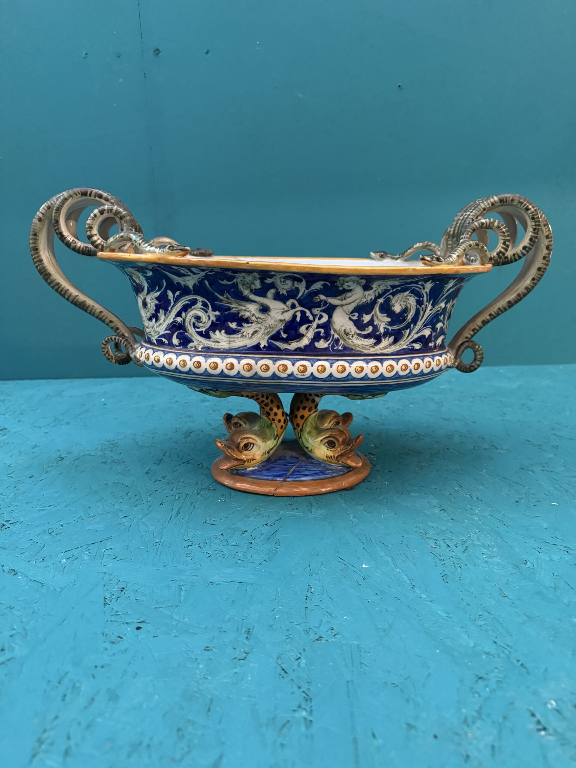 Antico centrotavola XIX sec in maiolica Pesaro, 24x44x20cm