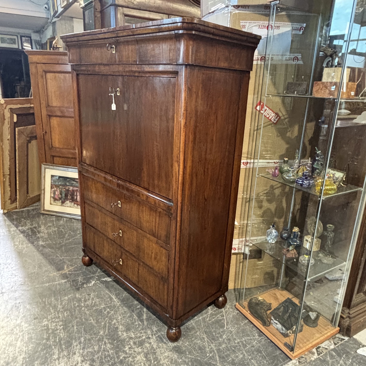 Antico splendido secretaire ribalta 1830 Carlo X Emilia noce e ciliegio. Restaurato. Mis H148 L 104 prof 48 - immagine 2