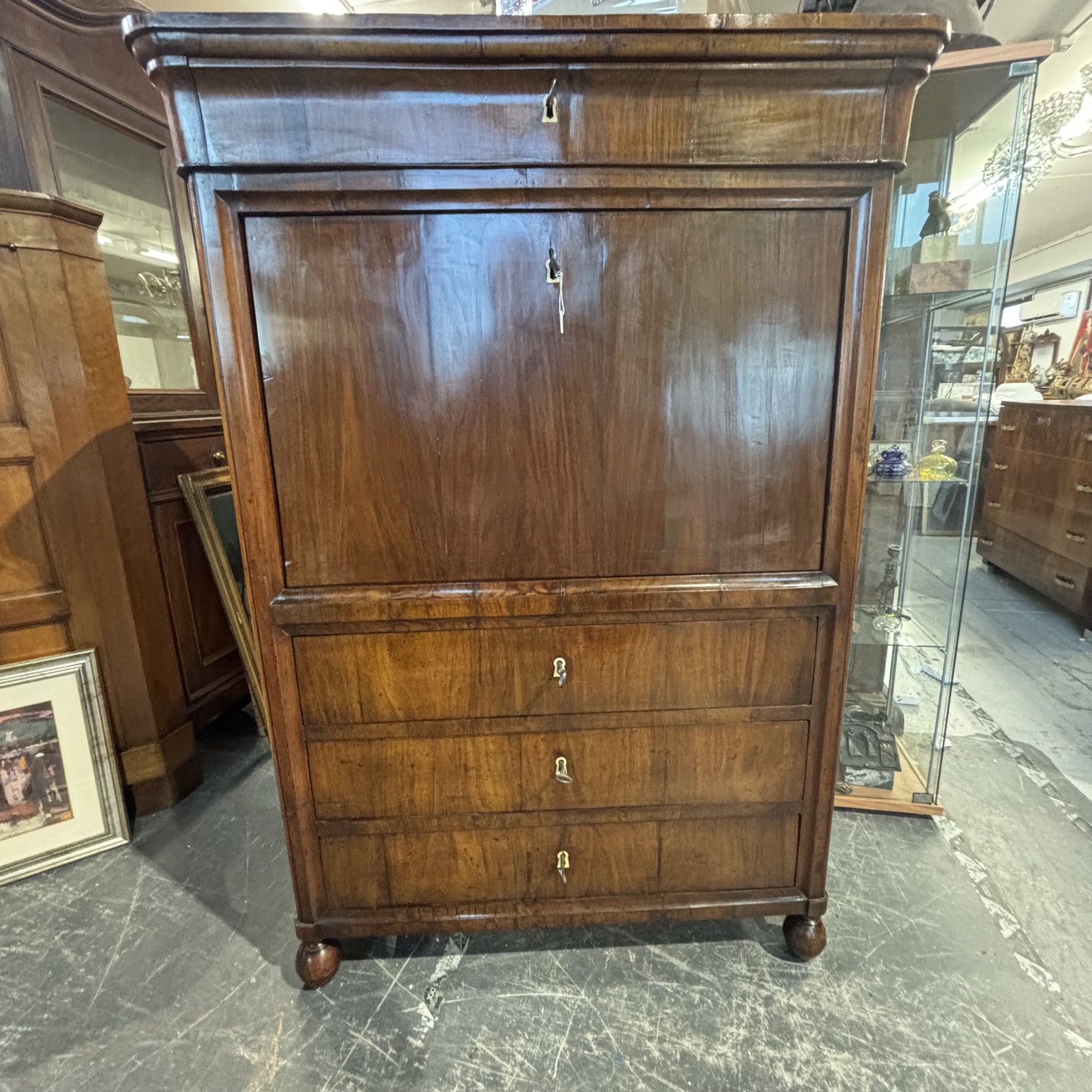 Antico splendido secretaire ribalta 1830 Carlo X Emilia noce e ciliegio. Restaurato. Mis H148 L 104 prof 48 - immagine 4