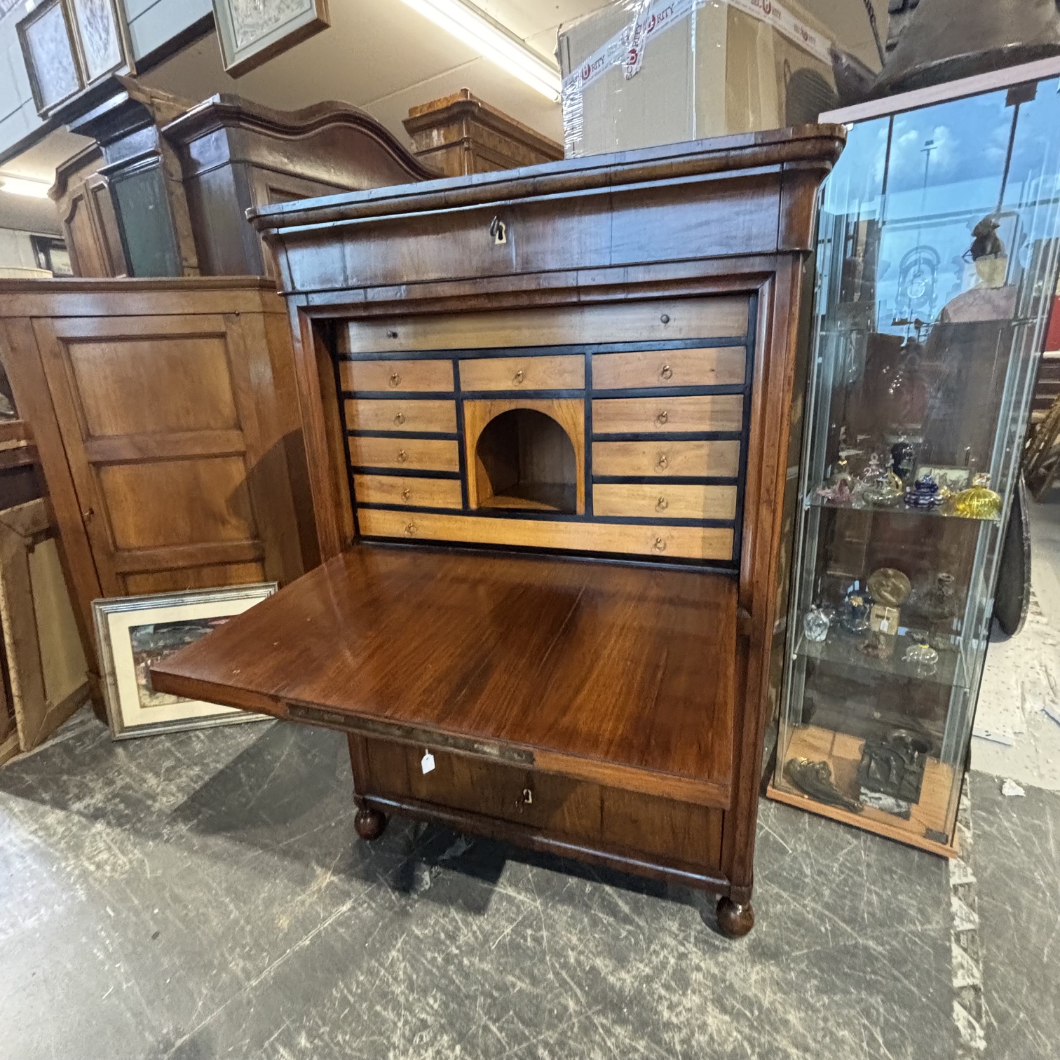 Antico splendido secretaire ribalta 1830 Carlo X Emilia noce e ciliegio. Restaurato. Mis H148 L 104 prof 48 - immagine 7