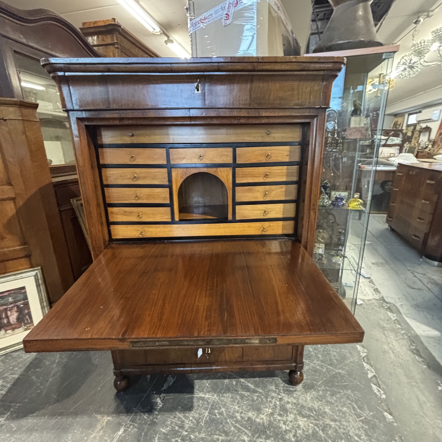 Antico splendido secretaire ribalta 1830 Carlo X Emilia noce e ciliegio. Restaurato. Mis H148 L 104 prof 48 - immagine 8