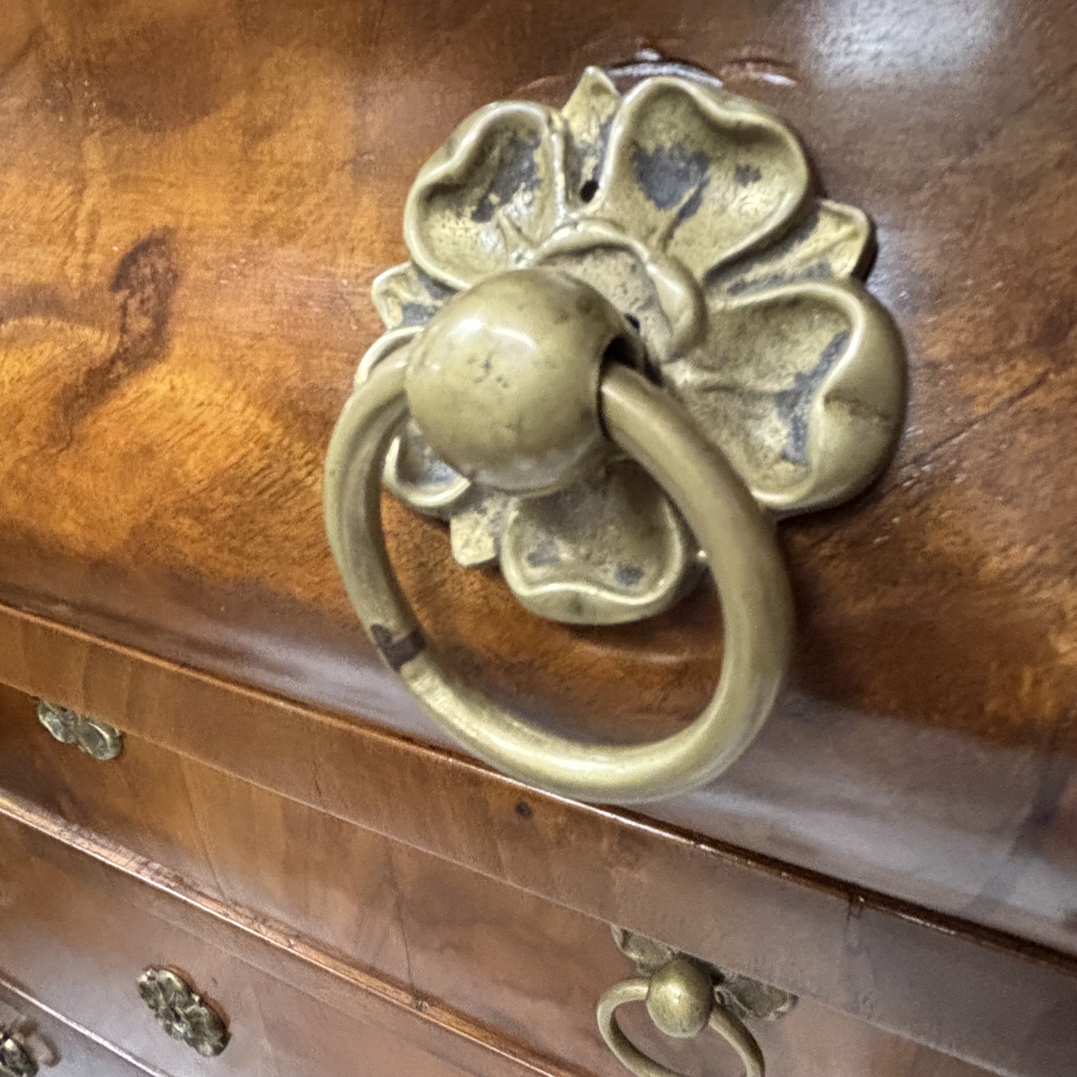 Antico Cassettone Biedermeier in noce e piuma di noce epoca 1825 con intarsi e parti ebanizzate. Mis 131 x cm 65. H110 - immagine 10
