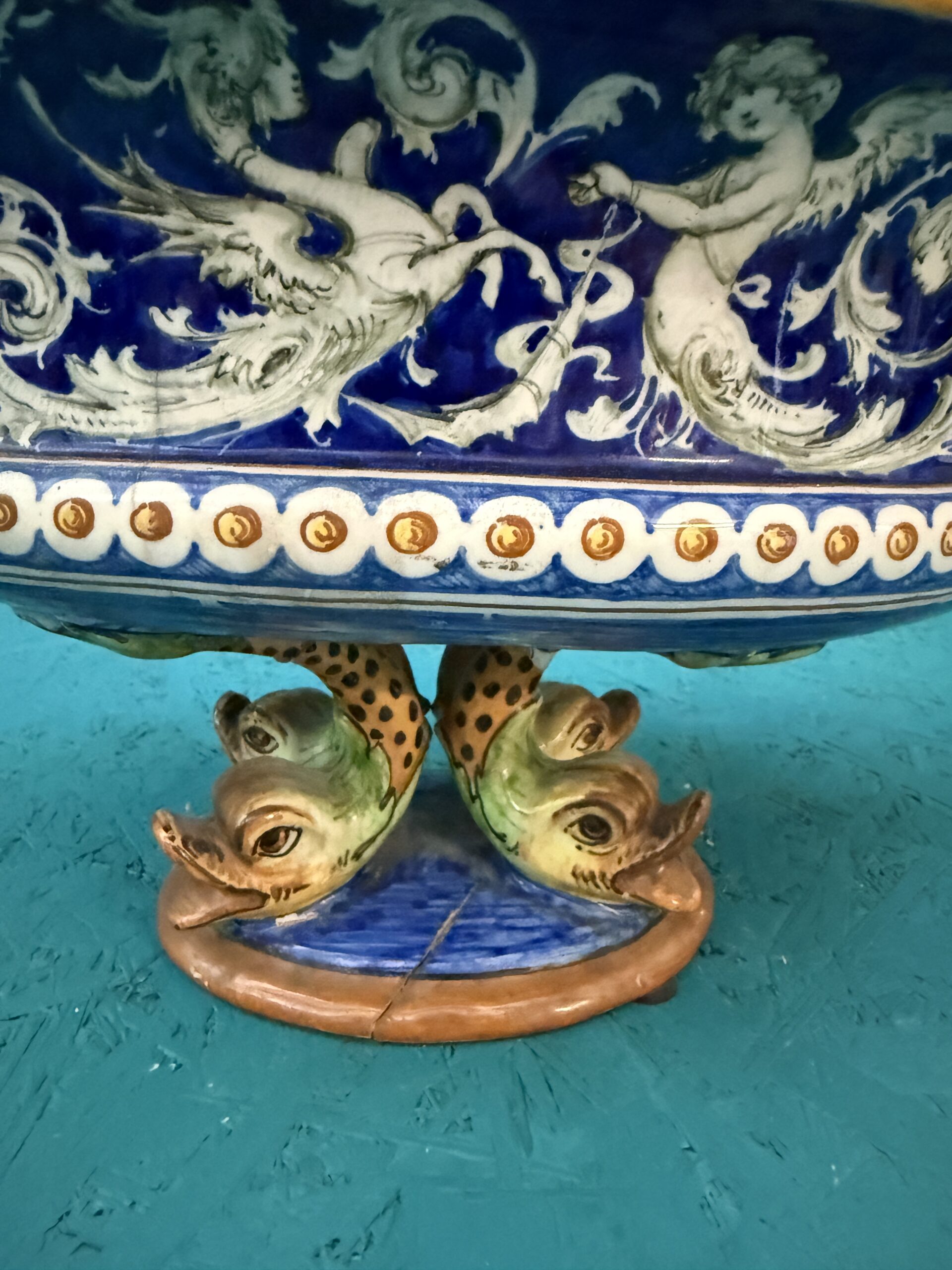 Antico centrotavola XIX sec in maiolica Pesaro, 24x44x20cm - immagine 2