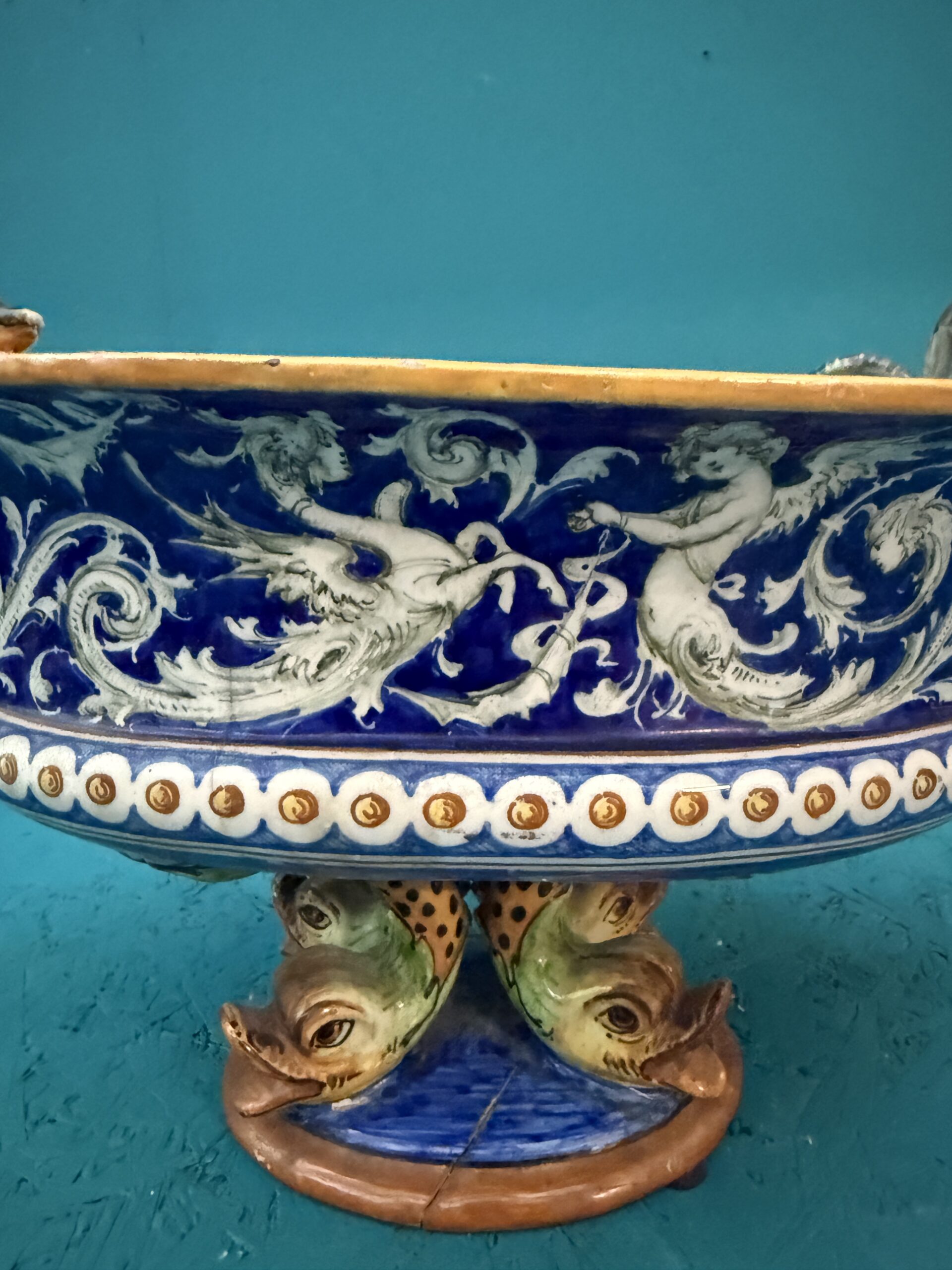 Antico centrotavola XIX sec in maiolica Pesaro, 24x44x20cm - immagine 3