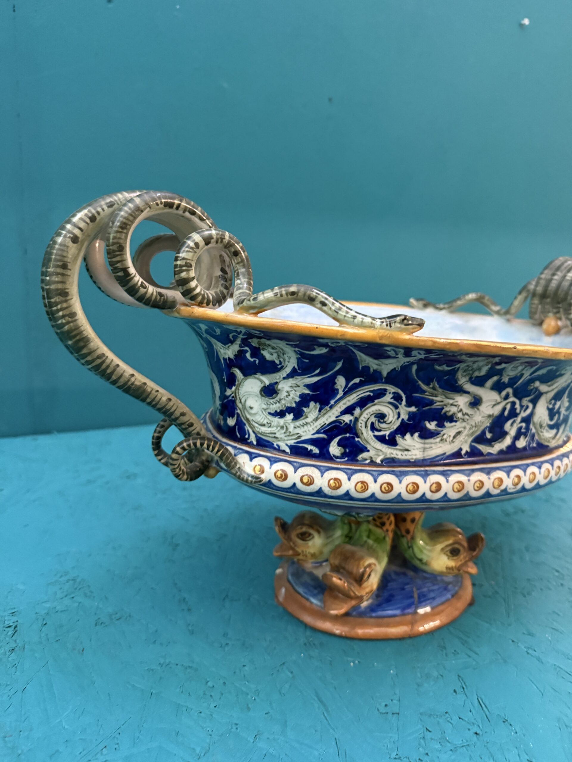 Antico centrotavola XIX sec in maiolica Pesaro, 24x44x20cm - immagine 4