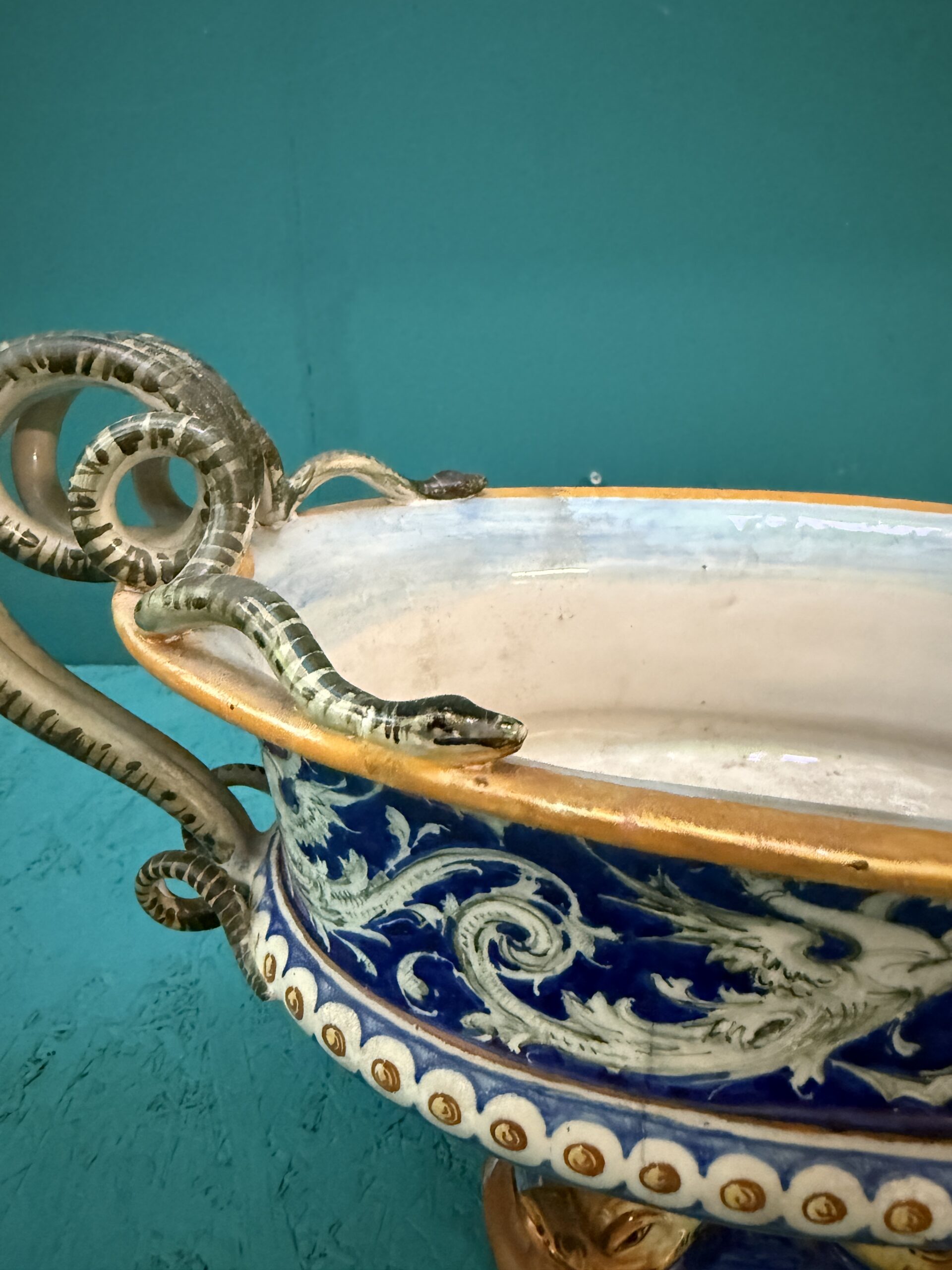 Antico centrotavola XIX sec in maiolica Pesaro, 24x44x20cm - immagine 6