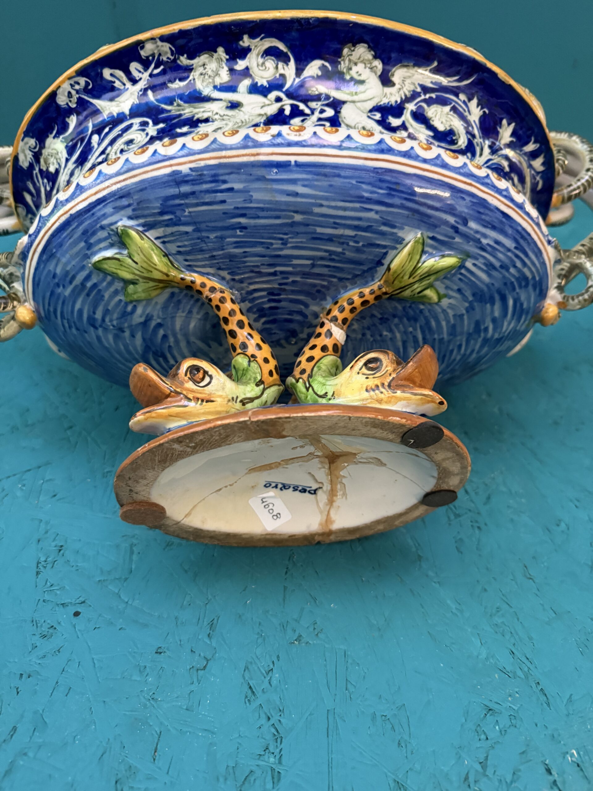 Antico centrotavola XIX sec in maiolica Pesaro, 24x44x20cm - immagine 9