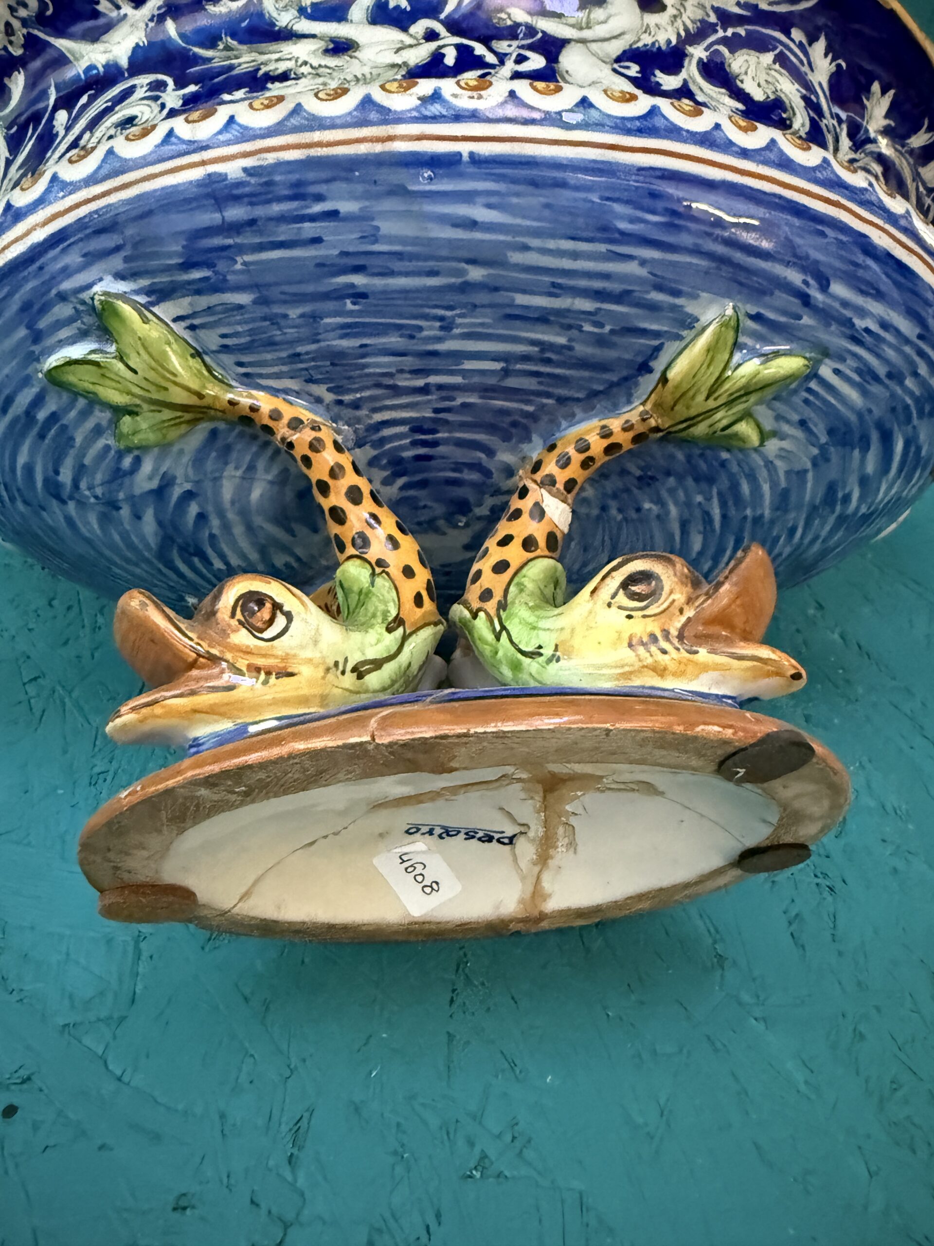 Antico centrotavola XIX sec in maiolica Pesaro, 24x44x20cm - immagine 11