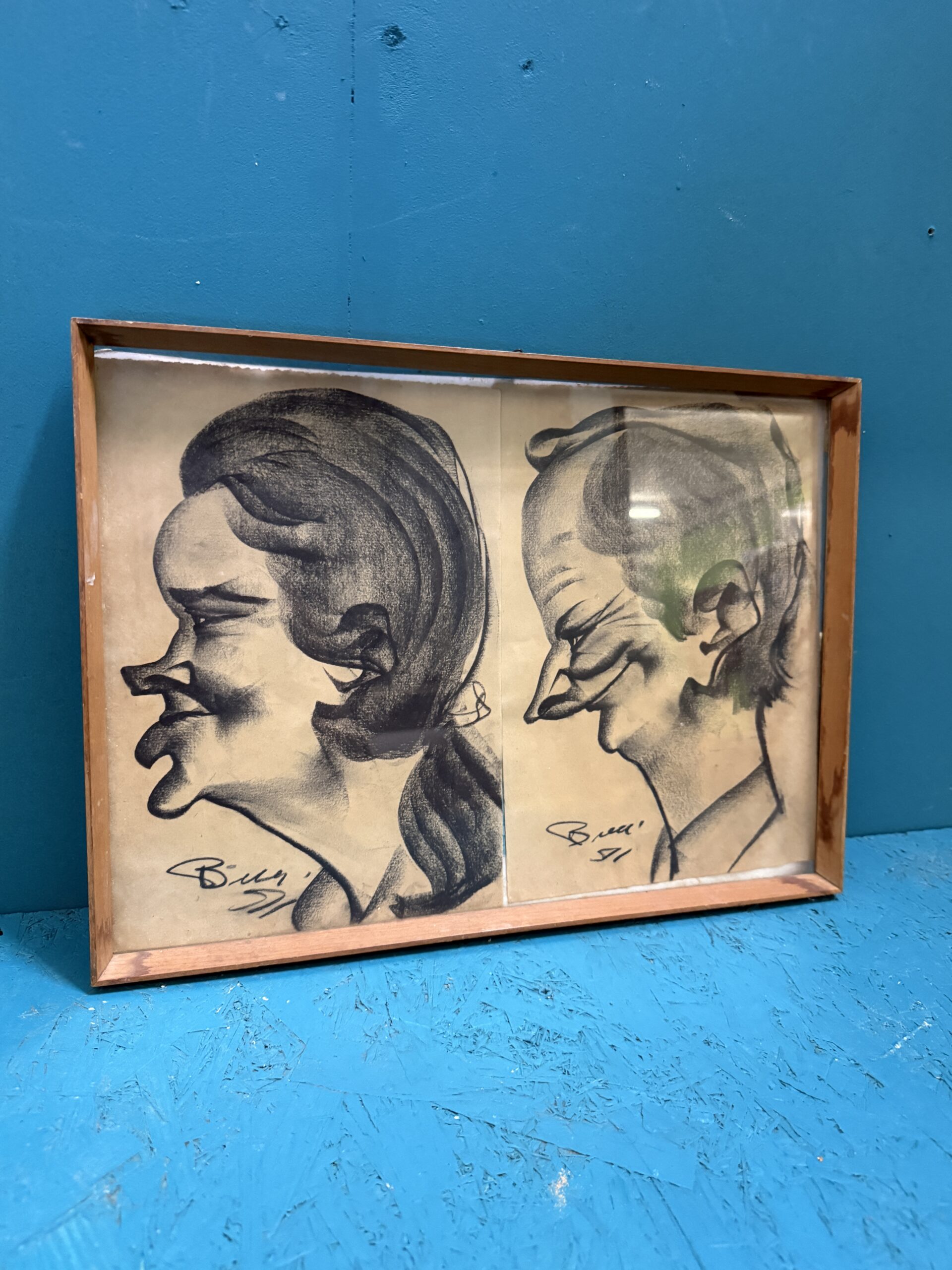Antichi disegni uomo e donna di caricature firmati 1911, 45x33cm - immagine 2