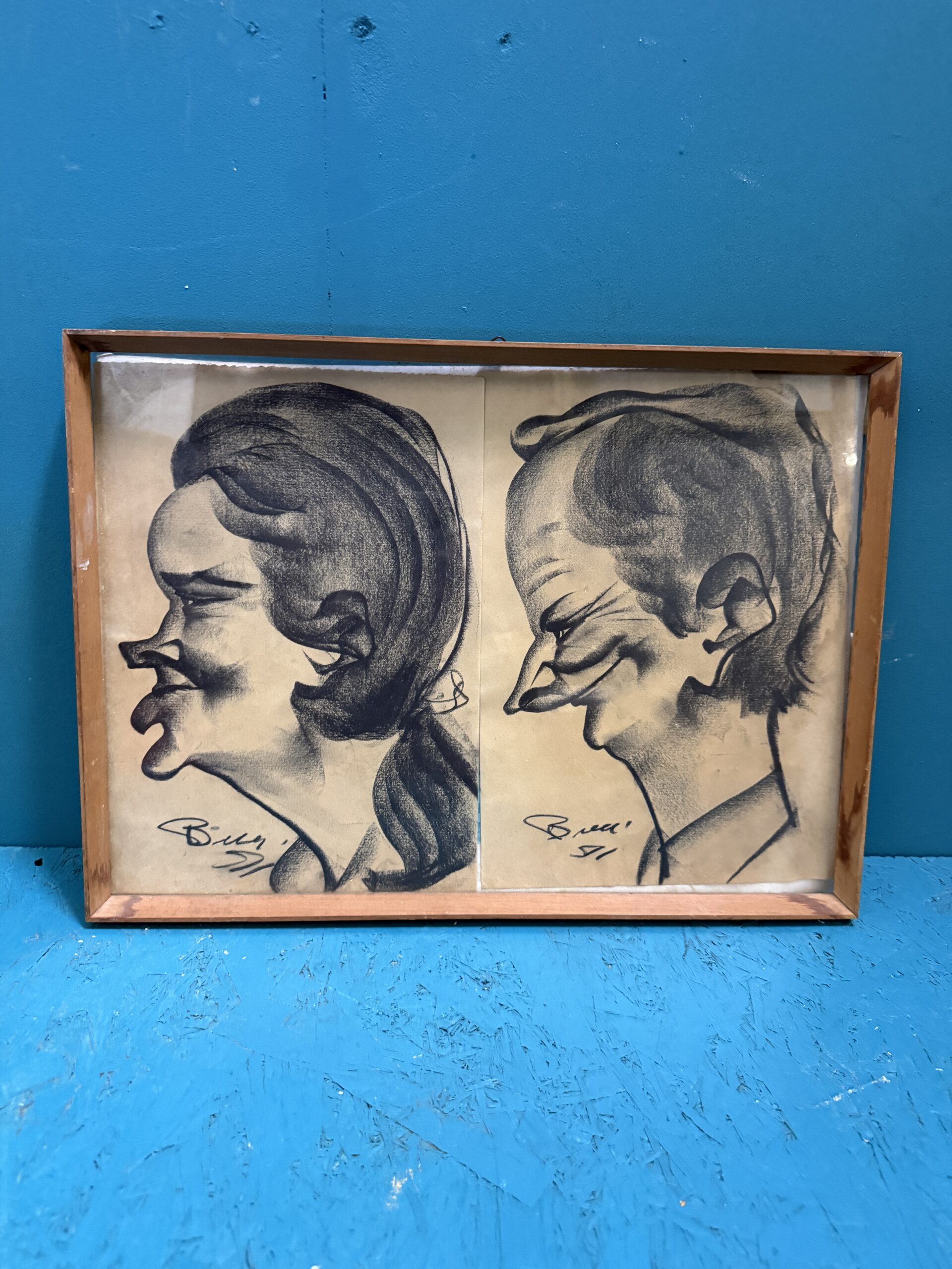 Antichi disegni uomo e donna di caricature firmati 1911, 45x33cm - immagine 9