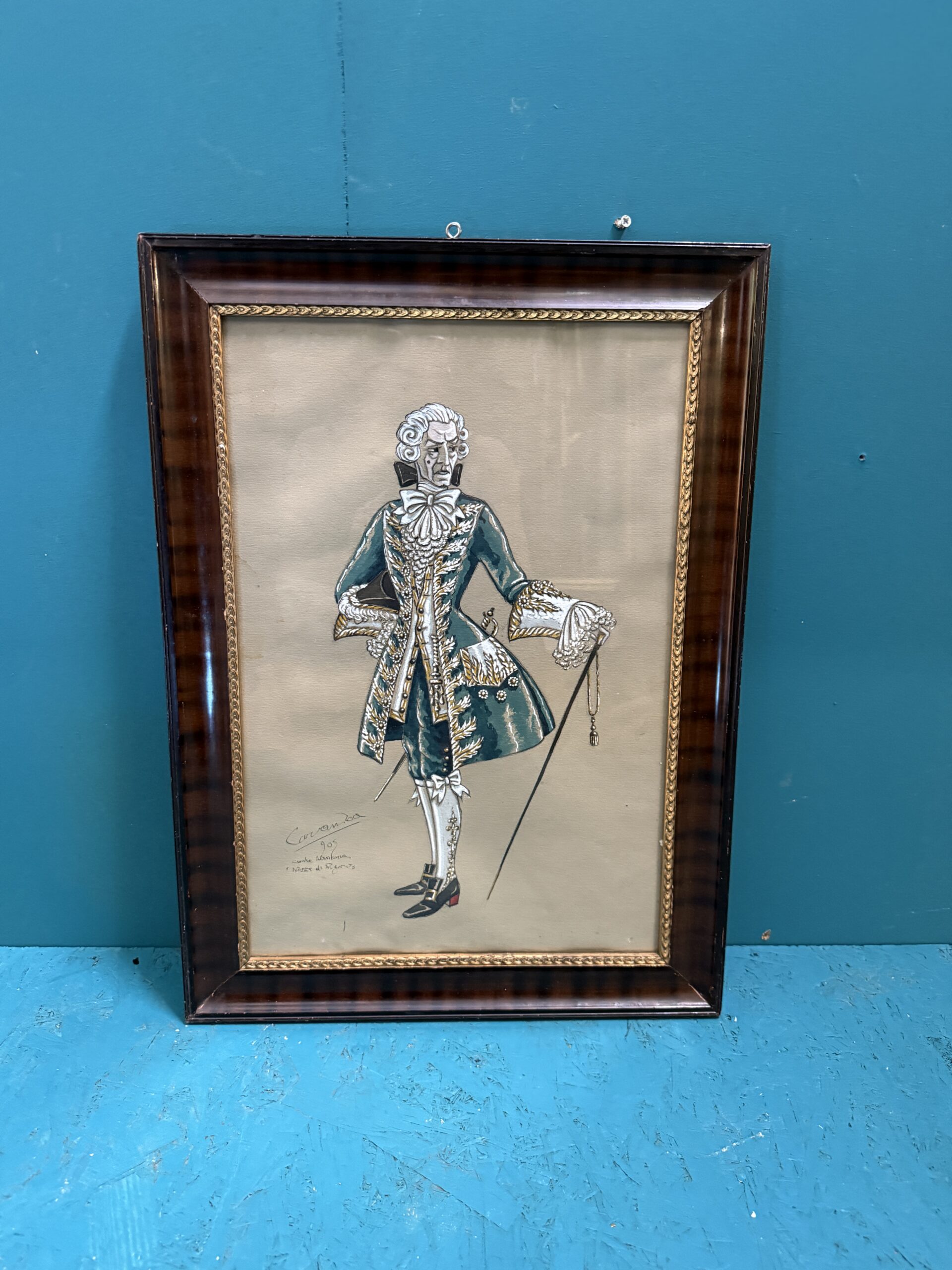 Dipinto personaggio in costume d'epoca Luigi Sapelli (Caramba) 1905, 57x41, Nozze di Figaro - immagine 2