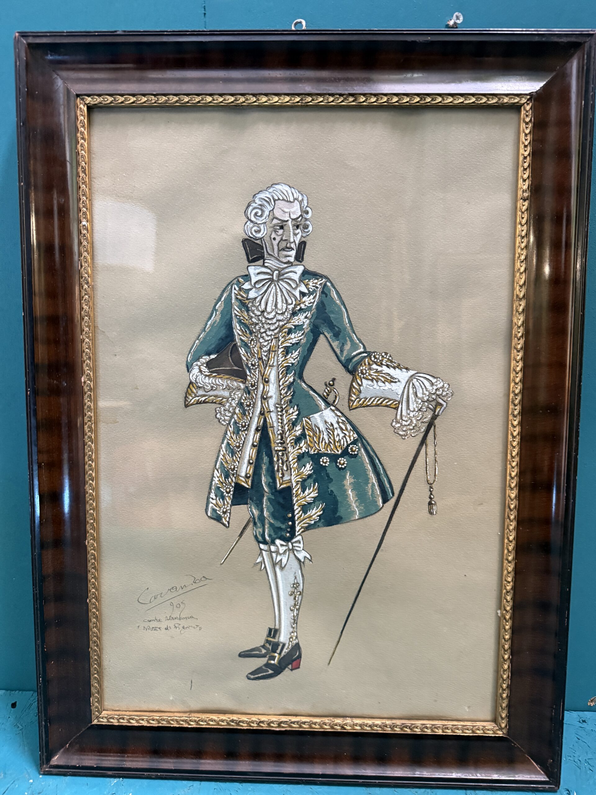 Dipinto personaggio in costume d'epoca Luigi Sapelli (Caramba) 1905, 57x41, Nozze di Figaro - immagine 3