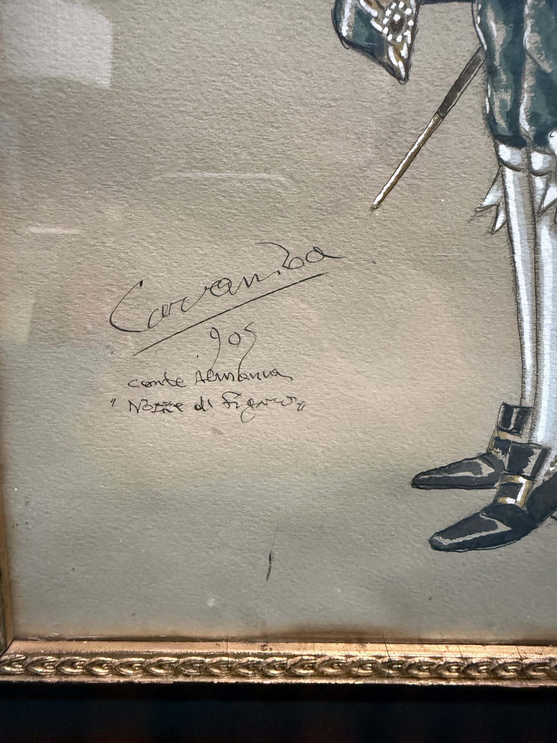 Dipinto personaggio in costume d'epoca Luigi Sapelli (Caramba) 1905, 57x41, Nozze di Figaro - immagine 4
