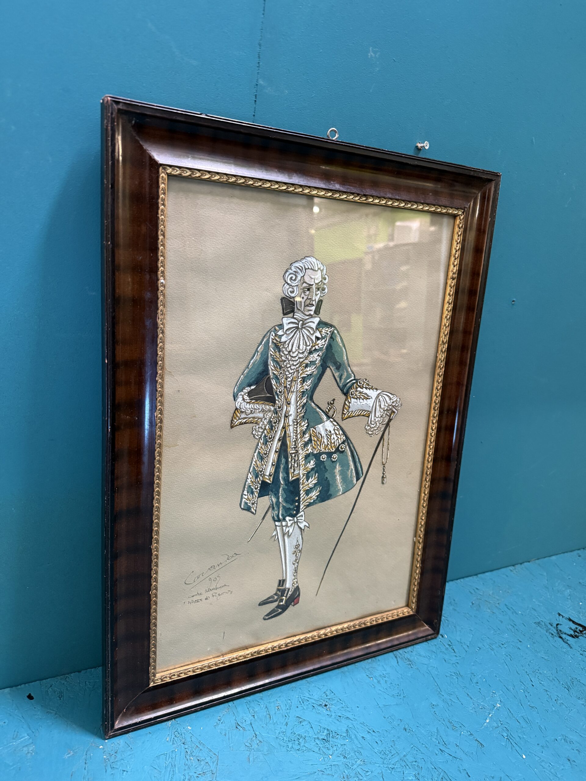 Dipinto personaggio in costume d'epoca Luigi Sapelli (Caramba) 1905, 57x41, Nozze di Figaro - immagine 12